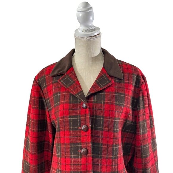 Liz Sport Red Black Plaid 5-Button Wool Blazer Sz 14P Brown Contrast Jacket EUC - Picture 2 of 13
